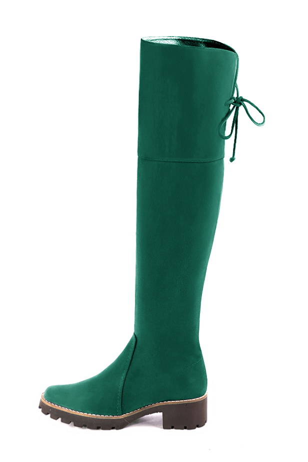 Emerald green women's leather thigh-high boots. Round toe. Low rubber soles. Made to measure. Profile view - Florence KOOIJMAN